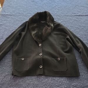 Black Faux Fur Collar Sweater Jacket